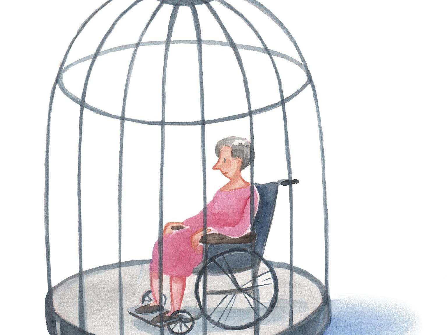 Ældre kvinde fanget i et bur