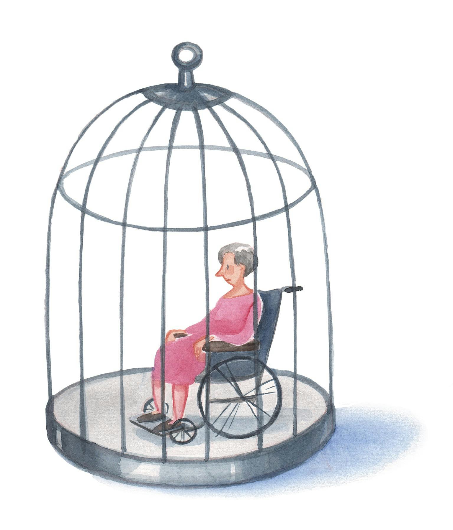 Ældre kvinde fanget i et bur
