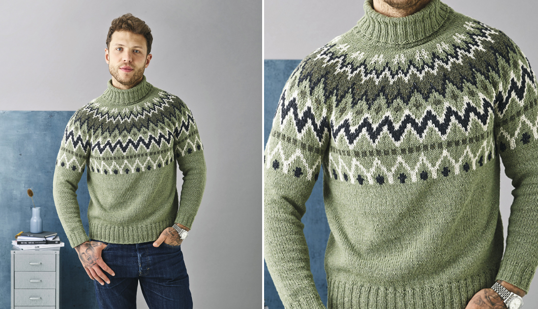 Strik: Nordisk sweater med rundt bærestykke til ham Familie Journal